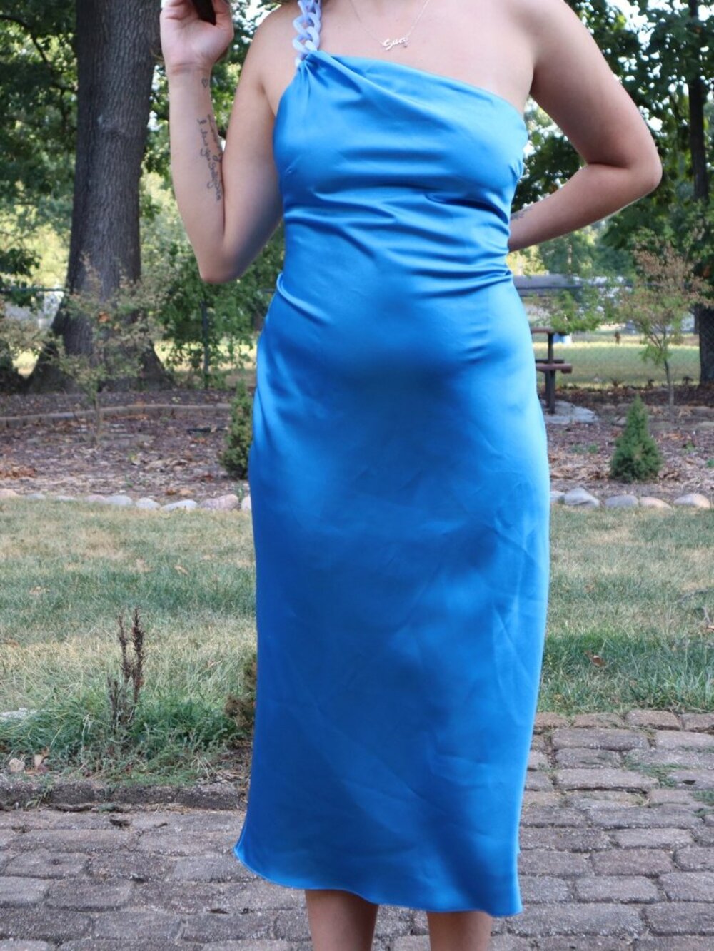 Gianni Bini Blue Dresses One-shoulder satin midi slip dress, chunky chain strap,